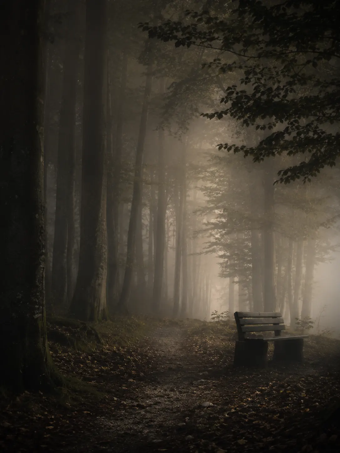 Nebliger Wald mit Bank